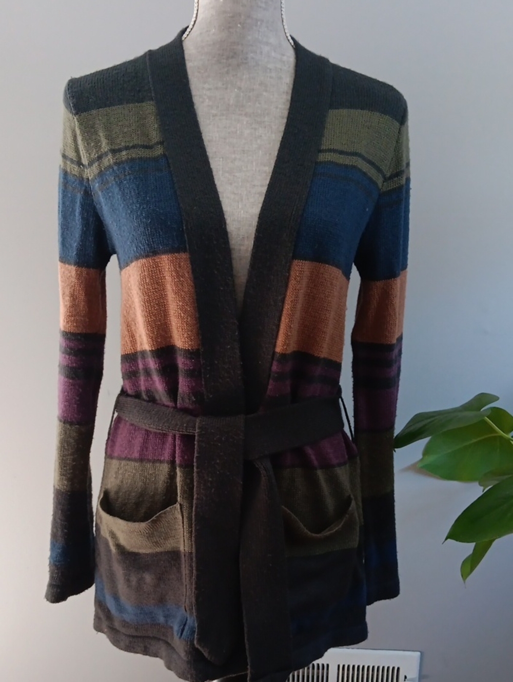 Vtg O'Neill Striped Open-Front Belted Cardigan Olive, Blue, Rust, Purple - M